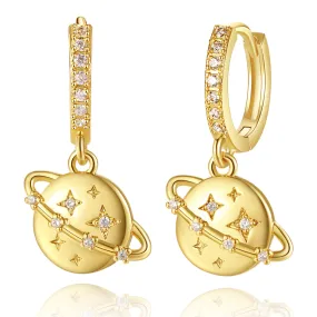 14K Gold Dangle Drop Hoop Earrings for Women Girls- Planet