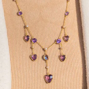 22" Edwardian 9ct Gold Amethyst Pearl Heart Fringe Necklace