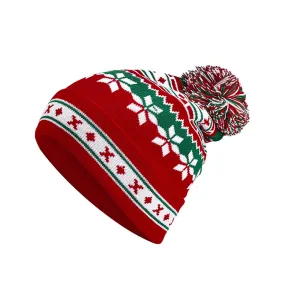 Cheerful Pom Pom Trim Christmas Pattern Knitted Hat - Red