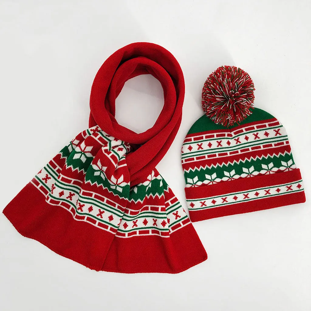 Cheerful Pom Pom Trim Christmas Pattern Knitted Hat - Red