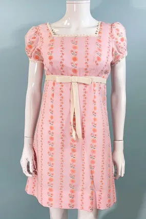 Vintage 60s Mod Baby Doll Empire Waist Mini Dress, Pink Floral Print Mini